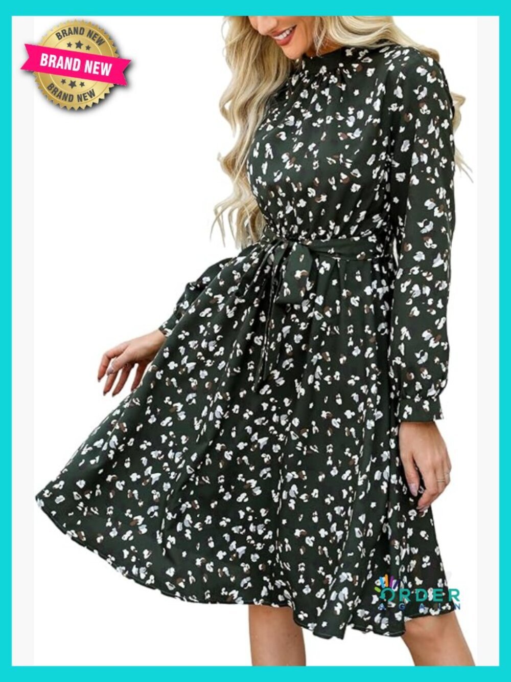 Flowy Midi Dress High Neck Long Sleeve Belted A-Line Casual Work Party